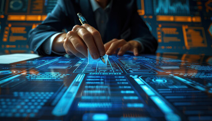 Business Professional Analyzing Futuristic Digital Data Interface for High Tech Insights and Strategic Decision Making in Advanced Technological Environment
