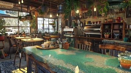 cozy caf?(C) interior with counter tops made from crushed recycled glass, chairs made from upcycled materials, and decorations including hanging plants in repurposed containers