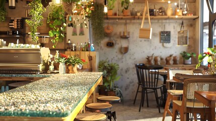 Fototapeta premium cozy caf?(C) interior with counter tops made from crushed recycled glass, chairs made from upcycled materials, and decorations including hanging plants in repurposed containers