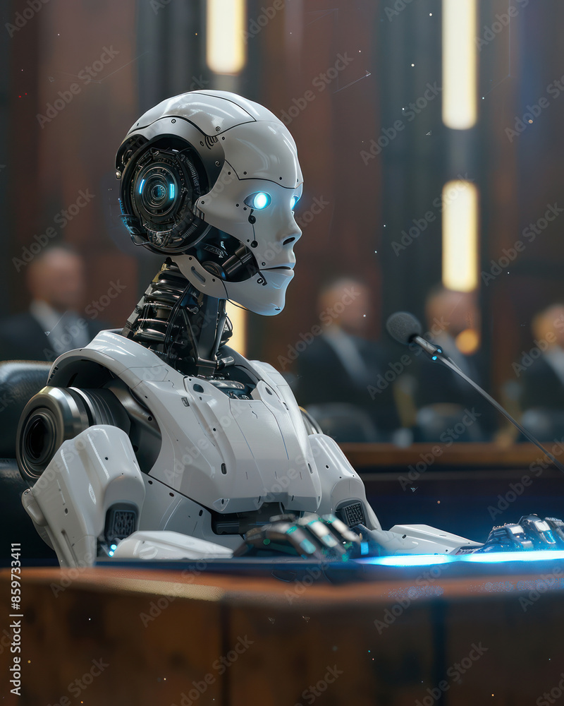 Poster futuristic courtroom scene with ai robot testifying a glimpse into the future of artificial intellig