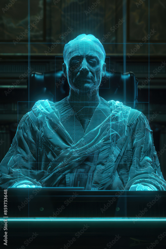 Aufkleber futuristic hologram of historical figure displayed in a dimly lit high tech room, emphasizing histor