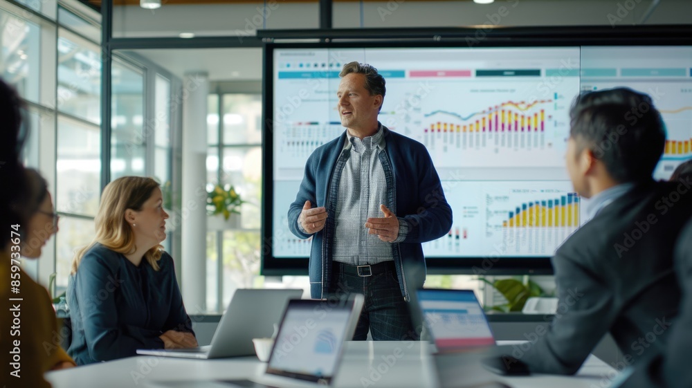 Poster a professional is delivering a compelling presentation filled with data in a modern office environme