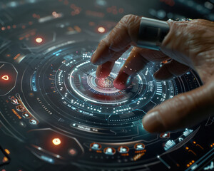 Futuristic Interface Advanced Hand Gesture Technology Controls Digital Holographic Display for Enhanced Human Computer Interaction in Sci Fi Setting, Featuring Immersive Augmented Reality