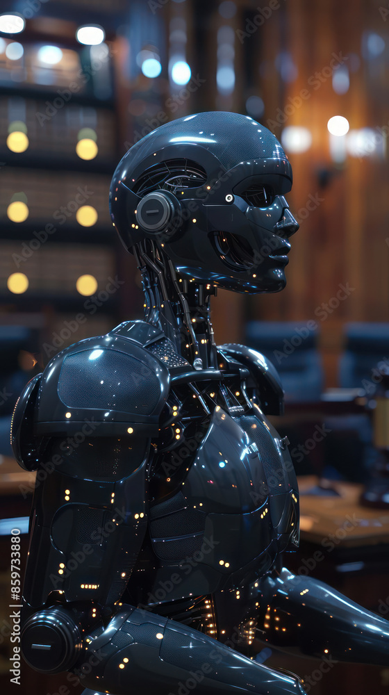 Poster high tech robotic ai in modern courtroom setting exploring advanced artificial intelligence in legal