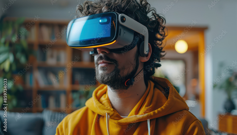 Poster immersive virtual reality experience man using vr headset for gaming and exploration in modern indoo