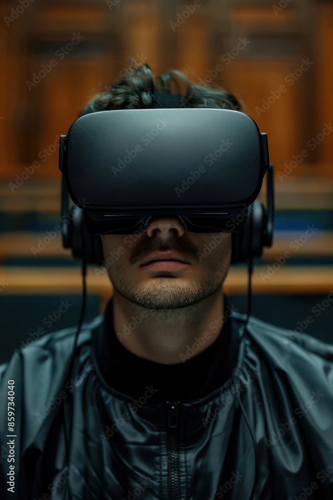 Poster immersive virtual reality experience a man engaged in augmented reality with vr headset future techn