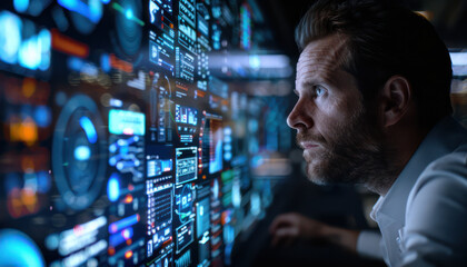 Man Engaging with Futuristic Digital Interface Display in Control Center Depicting Advanced Technology and Data Analytics for Modern Business, Innovation, and High Tech Solutions