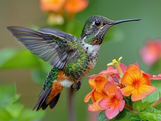 Fototapeta premium Close-up Shot of a Vibrant Hummingbird Feeding on Nectar from Exotic Flower