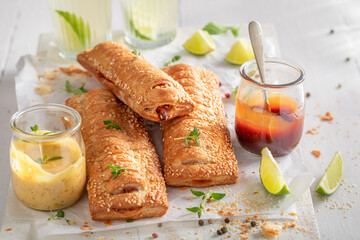 Delicious and fresh hot dogs as popular summer appetizers.