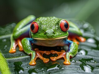 Fototapeta premium Close-up Shot of Vibrant Red-eyed Tree Frog Resting on Lush Tropical Leaf in the Rainforest