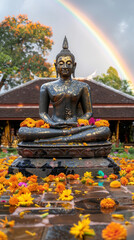 Stunning Buddha Statue Amidst Vibrant Flowers and Magical Rainbow in Tranquil Temple Garden A Breathtaking Scene of Spiritual Serenity and Natural Beauty