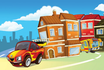 Fototapeta premium cartoon scene with public service vehicles police fire truck bus and sports car illustration for children