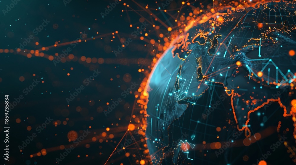 Poster digital earth with glowing network connections and futuristic data visualization. panoramic view of 