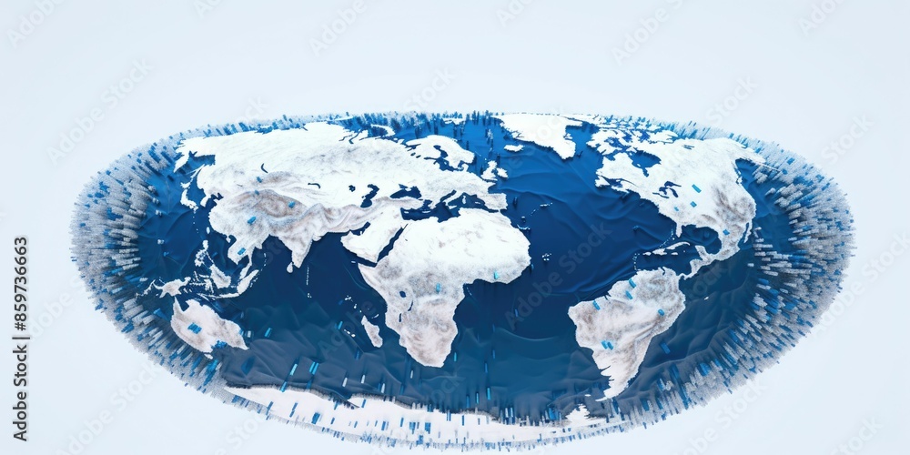 Poster image of stylized world map in blue with a 3d effect on a white background. concept of global connec
