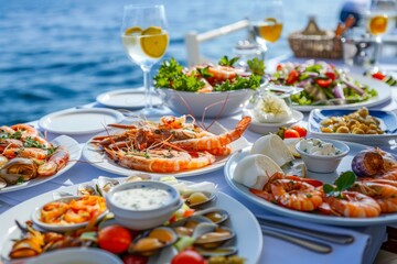 Fototapeta premium Seafood dishes, including shrimp, appetizers, and salads, set on a table in a fish restaurant