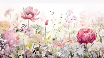Watercolor Botanical Garden. Colorful flower background and mural wallpaper. Summer or spring. High quality AI generated image
