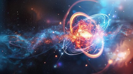 The image shows a colorful and abstract representation of an atom, with glowing particles and rings of energy.