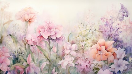 Watercolor Botanical Garden. Colorful flower background and mural wallpaper. Summer or spring. High quality AI generated image