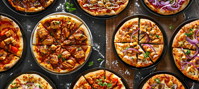 A variety of BBQ chicken pizzas with different toppings, captured with vibrant colors and detailed textures