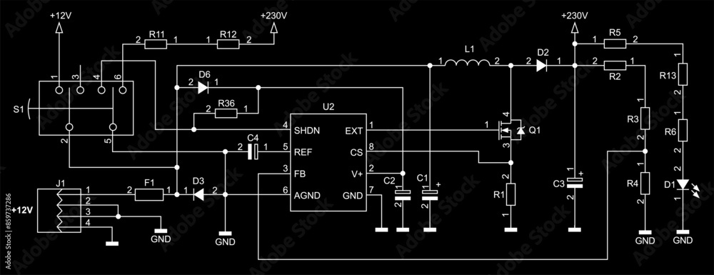 Poster schematic diagram of electronic device on sheet of paper. vector drawing electrical circuit with usb