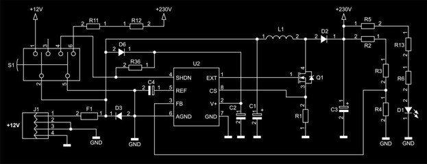 Schematic diagram of electronic device on sheet of paper. Vector drawing electrical circuit with usb connector,
resistor, integrated circuit, capacitor, led,
diode, coil, other components.