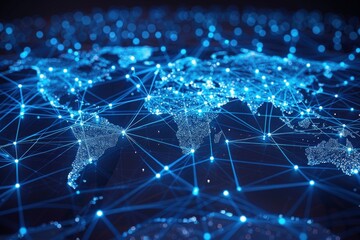 Obraz premium Depiction of a global network with glowing blue connections highlighting the interconnected nature of various continents, emphasizing technology and communication in the digital age.