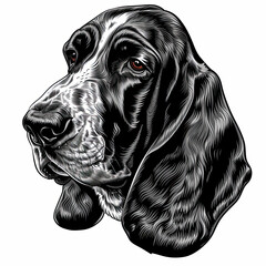 A black and white drawing of a Basset Hound dog