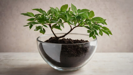 Fototapeta premium Sapling growing in a bowl with mud in it