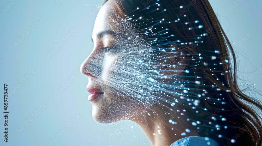 Poster profile of a woman with digital effects emanating from her face, symbolizing technology and connecti