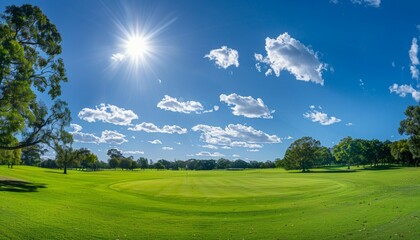 Obraz premium Golf course beauty on a sunny day, vibrant fairways against blue sky Picturesque scene