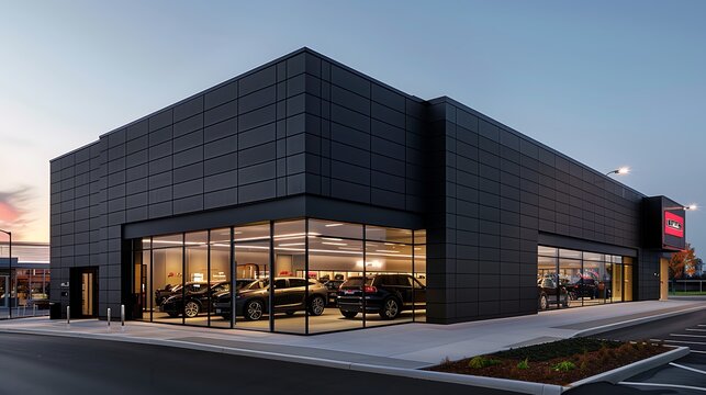 luxury car dealership with a fa? section ade of sleek, black fiber cement siding, designed to reflect the sophistication and quality of the vehicles inside