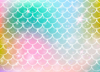 Princess mermaid background with kawaii rainbow scales pattern. Fish tail banner with magic sparkles and stars. Sea fantasy invitation for girlie party. Iridescent princess mermaid backdrop.
