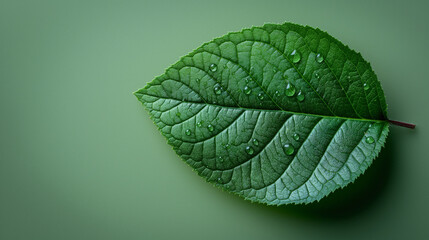 Obraz premium Single green leaf with drops of water on light background.