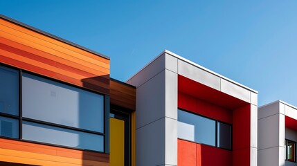 minimalist urban home featuring bold, colored fiber cement siding under a clear blue sky