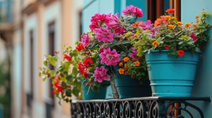 Beautiful flowers in pots on a vintage balcony. AI generative.