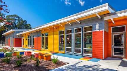 modern daycare center with colorful, kid-friendly fiber cement siding, designed to be inviting and durable against daily wear and tear