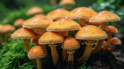 Obraz premium A dense cluster of mushrooms with textured orange caps sprouting from a moss-covered ground, set against a forest backdrop. The photo captures nature's rich textures and colors.
