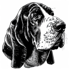 A black and white drawing of a Basset Hound dog
