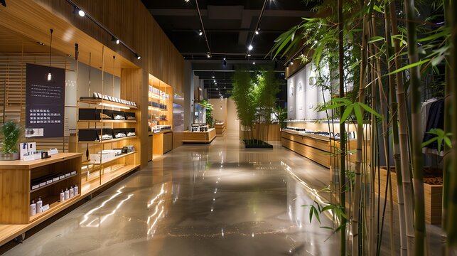 modern retail space designed with eco-friendly materials, including a floor made from polished recycled concrete and display units constructed from bamboo
