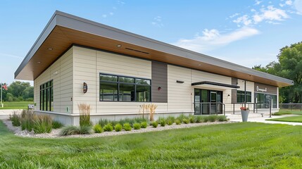 modern veterinary clinic that uses sleek, easy-to-clean fiber cement siding to ensure a hygienic and inviting environment for pet owners and their animals