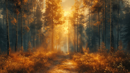Fototapeta premium Serene illustration of summer sunset landscape with path and trees.