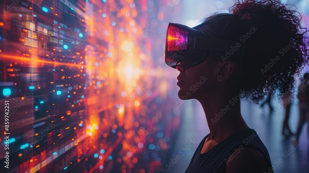 Poster a person wearing a vr headset is immersed in a virtual environment, interacting with a colorful digi