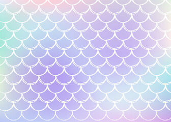 Gradient scale background with holographic mermaid. Bright color transitions. Fish tail banner and invitation. Underwater and sea pattern for girlie party. Iridescent backdrop with gradient scale.