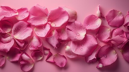 Obraz premium A delicate arrangement of pink rose petals sprinkled with water droplets on a soft pink background, epitomizing beauty, tenderness, and romantic sentiments in an elegant display.