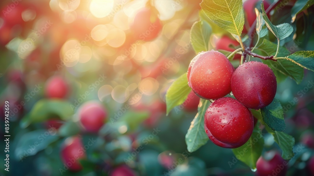 Wall mural Cluster of ripe red plums hanging from a tree branch, illuminated by the warm sunlight in the background. A symbol of nature's bounty and the beauty of summer.