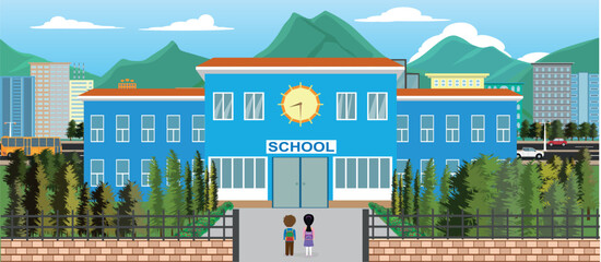 students going to school with city background