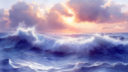 Watercolor painting of ocean waves, blue hues.
