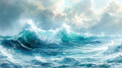 Watercolor painting of ocean waves, blue hues.
