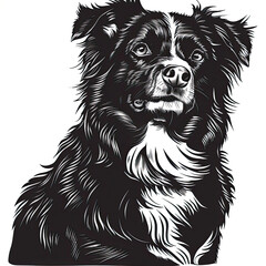 A black and white drawing of a Australian Shepherd dog