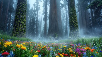 Spectral mist-shrouded forest with towering green sequoias and a carpet of vibrant wildflowers.
